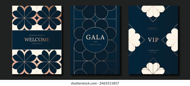 Luxury invitation card background vector. Golden elegant geometric shape, gold flower line on dark blue background. Premium design illustration for gala, grand opening, party invitation, wedding.