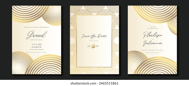 Vector de fondo de tarjeta de invitación de lujo. Forma geométrica elegante dorada, degradado de líneas doradas sobre fondo claro. Ilustración de diseño de Premium para gala, gran apertura, invitación de fiesta, boda.