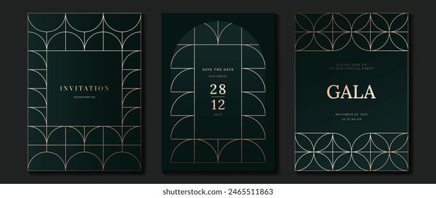 Luxury invitation card background vector. Golden elegant geometric shape, gold lines gradient on dark green background. Premium design illustration for gala, grand opening, party invitation, wedding.