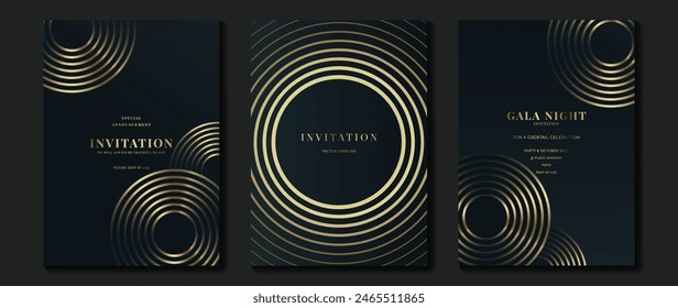 Luxury invitation card background vector. Golden elegant geometric shape, gold lines gradient on dark blue background. Premium design illustration for gala, grand opening, party invitation, wedding.