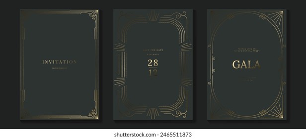 Luxury invitation card background vector. Golden elegant geometric shape, gold lines gradient on dark green background. Premium design illustration for gala, grand opening, party invitation, wedding.