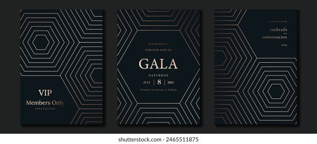 Vector de fondo de tarjeta de invitación de lujo. Forma geométrica elegante dorada, degradado de líneas doradas sobre fondo azul oscuro. Ilustración de diseño de Premium para gala, gran apertura, invitación de fiesta, boda.