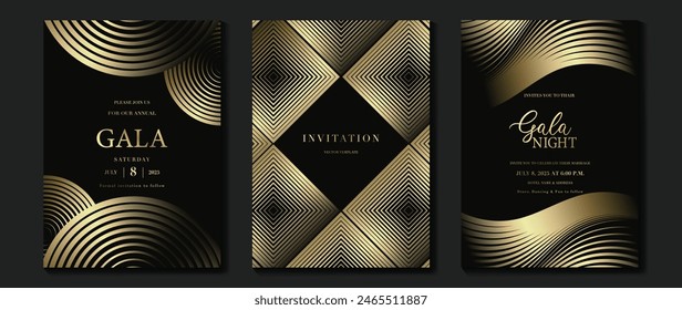 Vector de fondo de tarjeta de invitación de lujo. Forma geométrica elegante dorada, degradado de líneas doradas sobre fondo oscuro. Ilustración de diseño de Premium para tarjeta de gala, gran apertura, invitación de fiesta, boda.