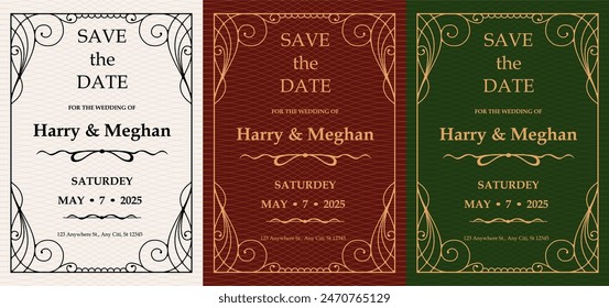 Luxury invitation card background vector. Elegant classic antique design, gold lines , sparkle on a green or red background. Premium design illustration for gala card, grand opening, art deco magazine