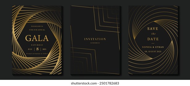 Vector de fondo de tarjeta de invitación de lujo. Patrón de línea de oro ondulado elegante dorado sobre fondo negro. Ilustración de diseño de Premium para boda, Plantilla de portada VIP, gran apertura, volante.