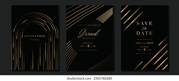 Vector de fondo de tarjeta de invitación de lujo. Patrón de línea de oro ondulado elegante dorado sobre fondo negro. Ilustración de diseño de Premium para boda, Plantilla de portada VIP, gran apertura, volante.