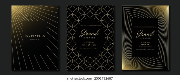 Luxury invitation card background vector. Golden elegant wavy gold line pattern on black background. Premium design illustration for wedding, vip cover template, grand opening, flyer.