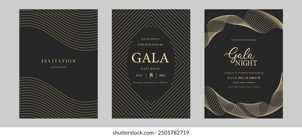 Vector de fondo de tarjeta de invitación de lujo. Patrón de línea de oro ondulado elegante dorado sobre fondo negro. Ilustración de diseño de Premium para boda, Plantilla de portada VIP, gran apertura, volante.