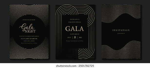 Luxury invitation card background vector. Golden elegant wavy gold line pattern on black background. Premium design illustration for wedding, vip cover template, grand opening, flyer.