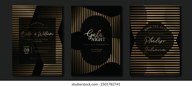 Luxury invitation card background vector. Golden elegant wavy gold line pattern on black background. Premium design illustration for wedding, vip cover template, grand opening, flyer.