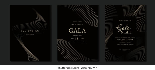 Luxury invitation card background vector. Golden elegant wavy gold line pattern on black background. Premium design illustration for wedding, vip cover template, grand opening, flyer.