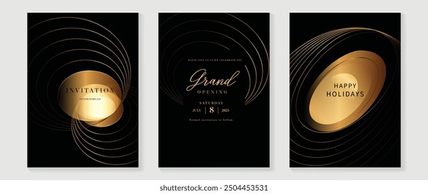 Vector de fondo de tarjeta de invitación de lujo. Patrón de línea de oro ondulado elegante dorado sobre fondo negro. Ilustración de diseño de Premium para la Plantilla y la portada VIP, gran apertura, gala.