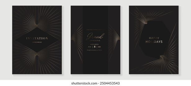 Luxury invitation card background vector. Golden elegant wavy gold line pattern on black background. Premium design illustration for wedding and vip cover template, grand opening, gala.