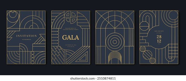 Luxus-Einladungskarte Hintergrund Vektor. Elegantes klassisches antikes Design, goldene Linien Farbverlauf auf blauem Hintergrund. Premium-Design-Illustration für Galakarte, Grand Opening, Art Deco, Hochzeit.