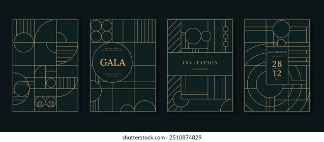 Luxury invitation card background vector. Elegant classic antique design, gold lines gradient on dark green background. Premium design illustration for gala card, grand opening, art deco, wedding.