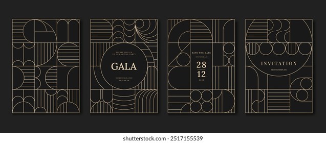 Vector de fondo de tarjeta de invitación de lujo. Elegante diseño antiguo clásico, líneas doradas degradadas sobre fondo oscuro. Ilustración de diseño de Premium para tarjeta de gala, gran apertura, art deco.