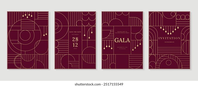 Luxury invitation card background vector. Elegant classic antique design, gold lines gradient on red background. Premium design illustration for gala card, grand opening, art deco.