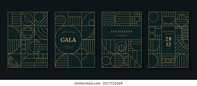 Luxus-Einladungskarte Hintergrund Vektor. Elegantes klassisches antikes Design, goldene Linien Farbverlauf auf dunkelgrünem Hintergrund. Premium-Design-Illustration für Galakarte, Grand Opening, Art Deco.