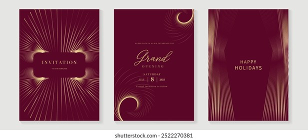 Luxus-Einladungskarte Hintergrund Vektor. Goldenes, elegantes, wellenförmiges, goldenes Linienmuster auf rotem Hintergrund. Premium-Design-Illustration für Hochzeit, Vip-Cover-Vorlage, große Öffnung, Flyer.