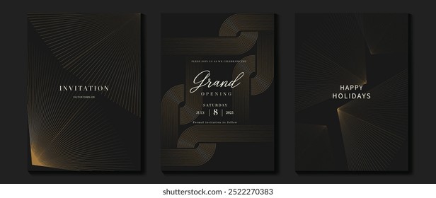 Luxury invitation card background vector. Golden elegant wavy gold line pattern on black background. Premium design illustration for wedding, vip cover template, grand opening, flyer.