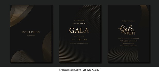 Luxury invitation card background vector. Golden elegant wavy gold line pattern on black background. Premium design illustration for wedding, vip cover template, grand opening, flyer, gala.