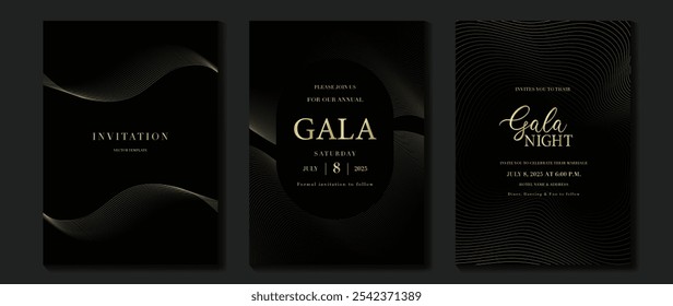 Luxury invitation card background vector. Golden elegant wavy gold line pattern on black background. Premium design illustration for wedding, vip cover template, grand opening, flyer, gala.