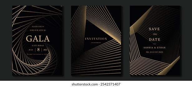 Luxus-Einladungskarte Hintergrund Vektor. Goldenes, elegantes, wellenförmiges, goldenes Linienmuster auf schwarzem Hintergrund. Premium-Design-Illustration für Hochzeit, Vip-Cover-Vorlage, Grand Opening, Flyer, Gala.