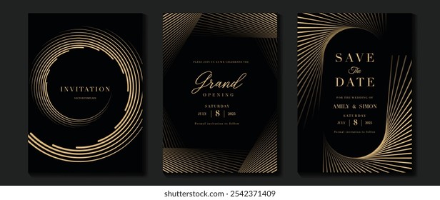 Vetor de fundo de cartão de convite de luxo. Padrão de linha dourada ondulada elegante dourado sobre fundo preto. Ilustração de design premium para casamento, modelo de capa vip, grande abertura, folheto, gala.