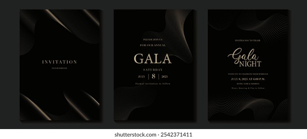 Luxury invitation card background vector. Golden elegant wavy gold line pattern on black background. Premium design illustration for wedding, vip cover template, grand opening, flyer, gala.