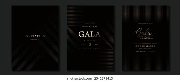 Luxury invitation card background vector. Golden elegant wavy gold line pattern on black background. Premium design illustration for wedding, vip cover template, grand opening, flyer, gala.