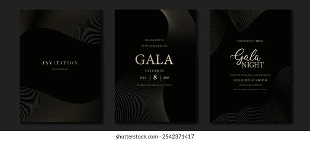 Luxus-Einladungskarte Hintergrund Vektor. Goldenes, elegantes, wellenförmiges, goldenes Linienmuster auf schwarzem Hintergrund. Premium-Design-Illustration für Hochzeit, Vip-Cover-Vorlage, Grand Opening, Flyer, Gala.