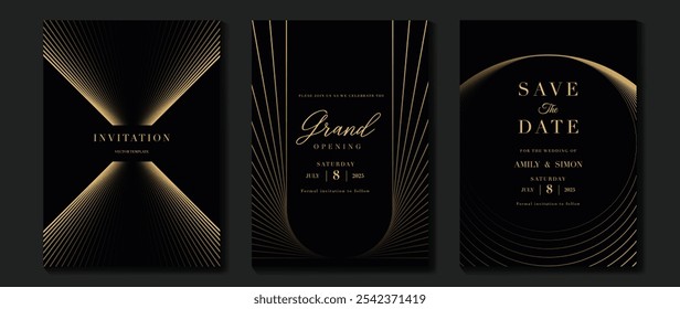 Luxury invitation card background vector. Golden elegant wavy gold line pattern on black background. Premium design illustration for wedding, vip cover template, grand opening, flyer, gala.