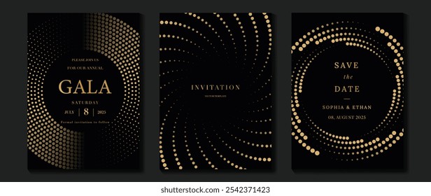 Vector de fondo de tarjeta de invitación de lujo. Patrón dorado elegante del semitono del punto del oro sobre fondo negro. Ilustración de diseño de Premium para boda, Plantilla de portada VIP, gran apertura, volante, gala.