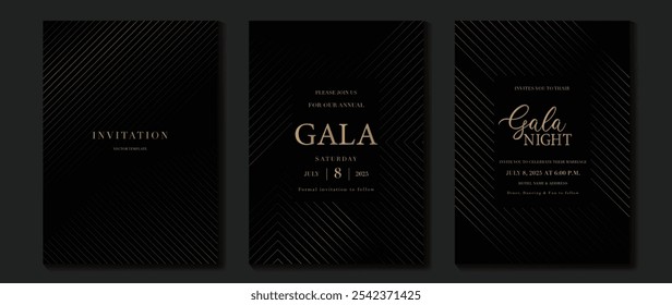 Luxury invitation card background vector. Golden elegant wavy gold line pattern on black background. Premium design illustration for wedding, vip cover template, grand opening, flyer, gala.