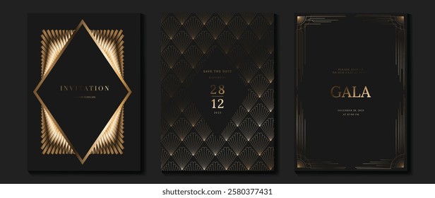 Luxury invitation card background vector. Golden elegant wavy gold line pattern on black background. Premium design illustration for wedding, vip cover template, grand opening, flyer.