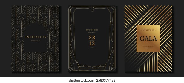 Luxury invitation card background vector. Golden elegant wavy gold line pattern on black background. Premium design illustration for wedding, vip cover template, grand opening, flyer.