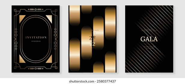 Luxury invitation card background vector. Golden elegant wavy gold line pattern on black background. Premium design illustration for wedding, vip cover template, grand opening, flyer.