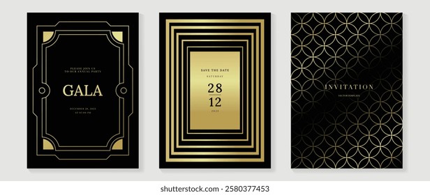 Luxury invitation card background vector. Golden elegant wavy gold line pattern on black background. Premium design illustration for wedding, vip cover template, grand opening, flyer.