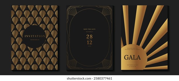 Luxury invitation card background vector. Golden elegant wavy gold line pattern on black background. Premium design illustration for wedding, vip cover template, grand opening, flyer.