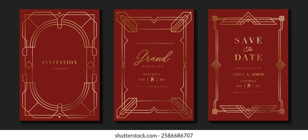Luxury invitation card background vector. Elegant classic antique design, gold lines gradient on red background. Premium design illustration for gala card, grand opening, art deco.