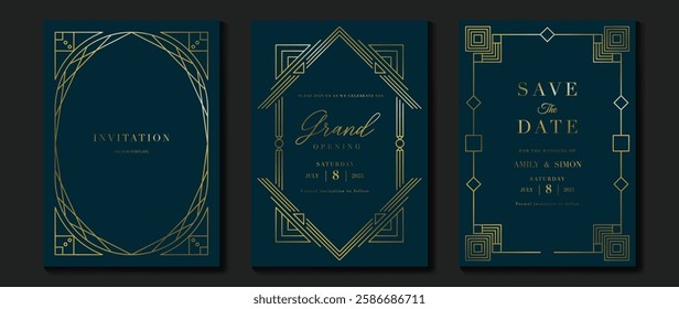 Luxury invitation card background vector. Elegant classic antique design, gold lines gradient on navy blue background. Premium design illustration for gala card, grand opening, art deco.