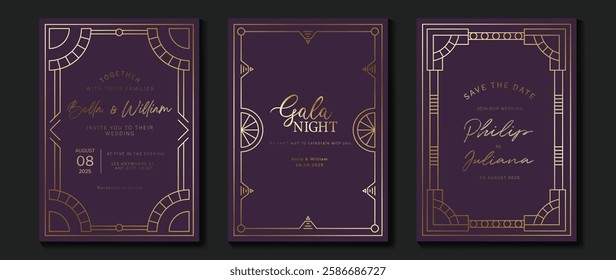 Luxury invitation card background vector. Elegant classic antique design, gold lines gradient on purple background. Premium design illustration for gala card, grand opening, art deco.