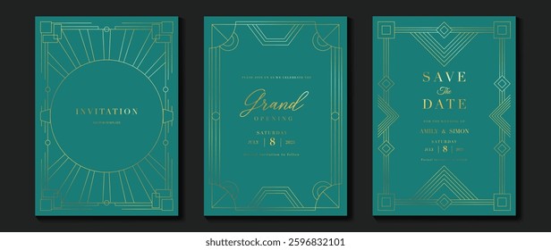 Luxury invitation card background vector. Elegant classic antique design, gold lines gradient on green background. Premium design illustration for gala card, grand opening, art deco.