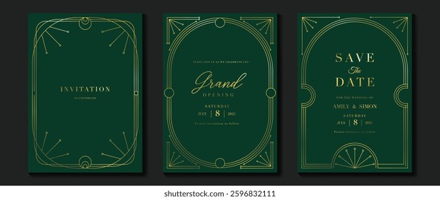 Luxury invitation card background vector. Elegant classic antique design, gold lines gradient on green background. Premium design illustration for gala card, grand opening, art deco.