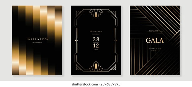 Luxury invitation card background vector. Golden elegant wavy gold line pattern on black background. Premium design illustration for wedding, vip cover template, grand opening, flyer.