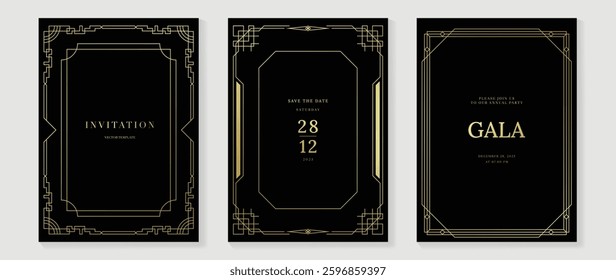 Luxury invitation card background vector. Golden elegant wavy gold line pattern on black background. Premium design illustration for wedding, vip cover template, grand opening, flyer.