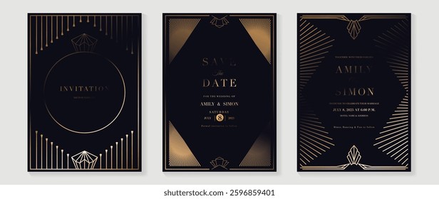 Luxury invitation card background vector. Golden elegant wavy gold line pattern on black background. Premium design illustration for wedding, vip cover template, grand opening, flyer.