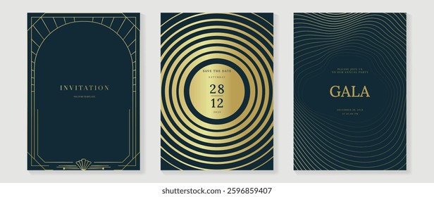 Luxury invitation card background vector. Golden elegant wavy gold line pattern on navy blue background. Premium design illustration for wedding, vip cover template, grand opening, flyer.