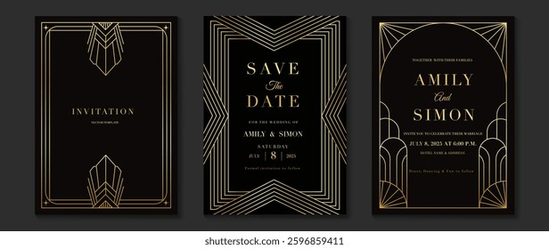 Luxury invitation card background vector. Golden elegant wavy gold line pattern on black background. Premium design illustration for wedding, vip cover template, grand opening, flyer.