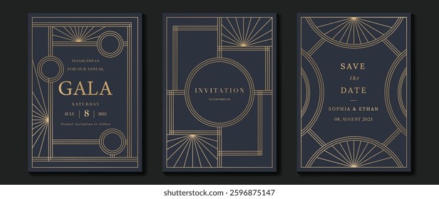 Luxury invitation card background vector. Elegant classic antique design, gold lines gradient on navy blue background. Premium design illustration for gala card, grand opening, art deco.
